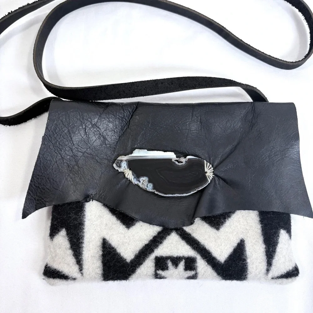 VTG Handmade Black Leather Festival Bag Geometric Wool Agate Renfair Witchy Goth